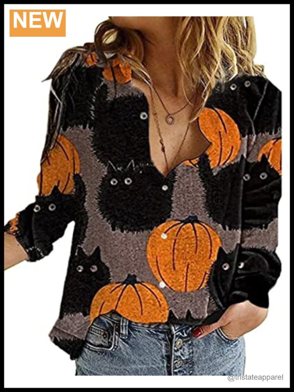 Halloween Shirts for Women Long Sleeve Button Down Blouse Pumpkin Print Fall